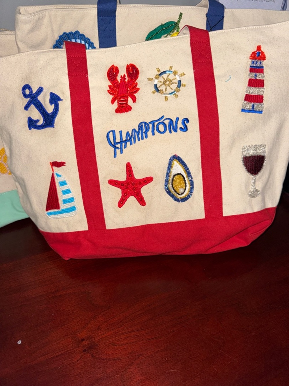 Canvas Hamptons Tote Bag with Red Trim